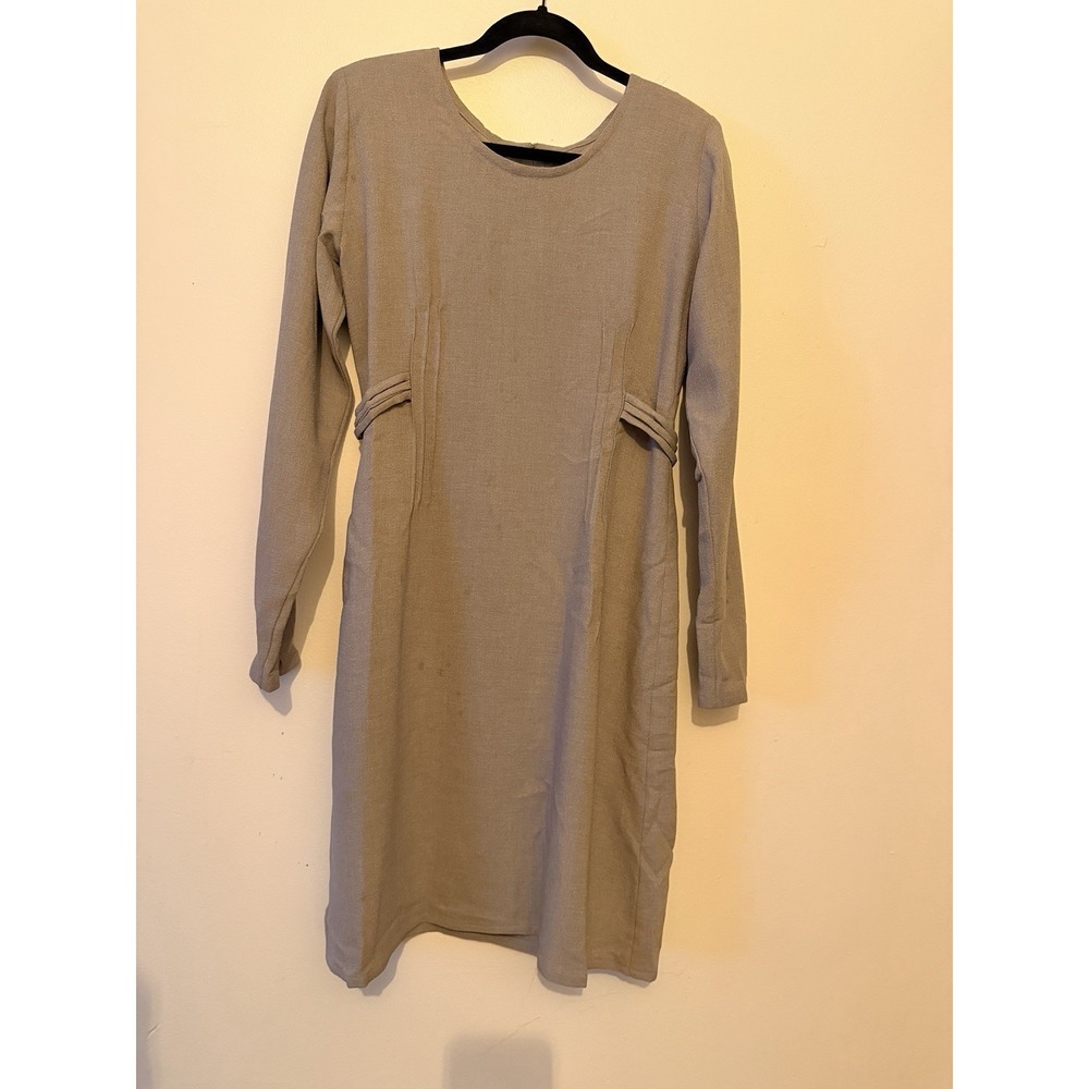 Vintage 1980s Minimalist Taupe Long Sleeve Midi Dress | Fitted Waist | S–M